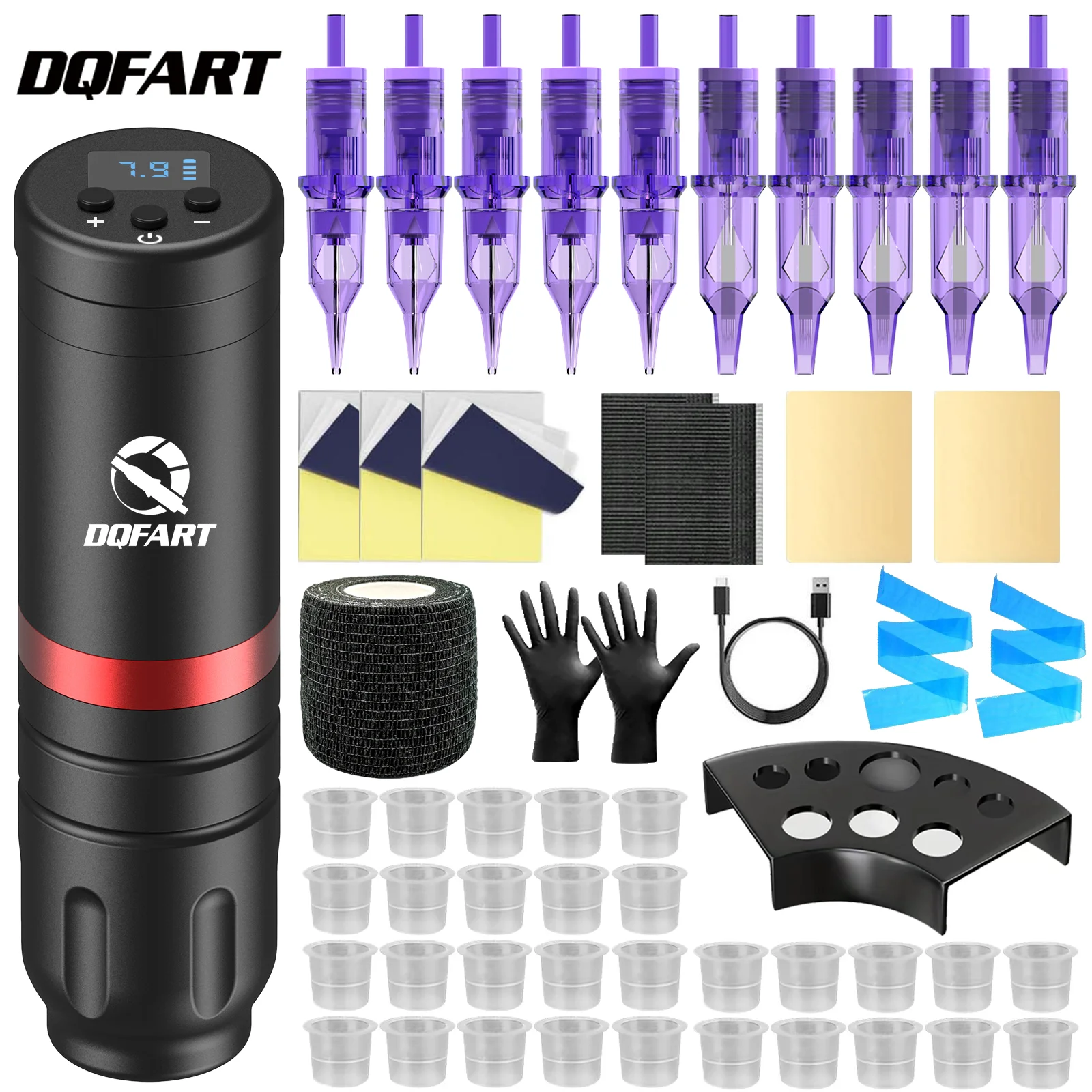 DQFART, kit de machine à tatouer professionnelle 2025, stylo de tatouage sans fil, machine rotative, tasse d'encre, aiguille à cartouche, tout neuf