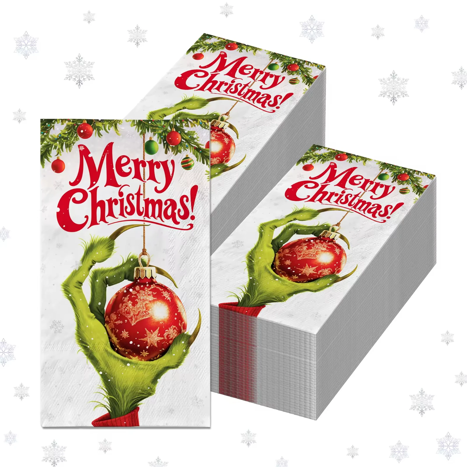 20 Count Merry Christmas! Guest Napkins, Printed with Christmas Ornament Balls & Holly, Table Decors for Xmas, New Year Parties - view 6
