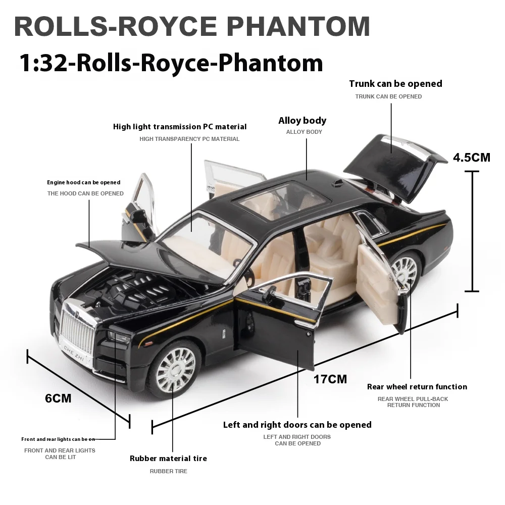 Modèle de voiture jouet en alliage Rolls-Royce Phantom, son et lumière, fonction de retour à ressort rétro, cadeau idéal pour les enfants, échelle