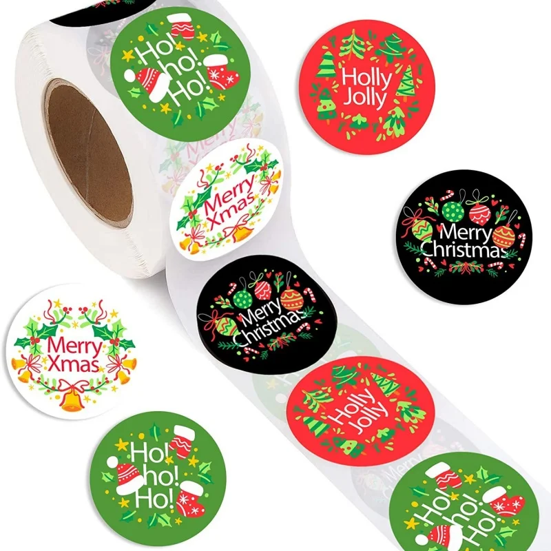 

500 Pieces Per Roll Round Merry Christmas Stickers Roll Labels Sticker for Xmas Gift Envelope Cake Packaging