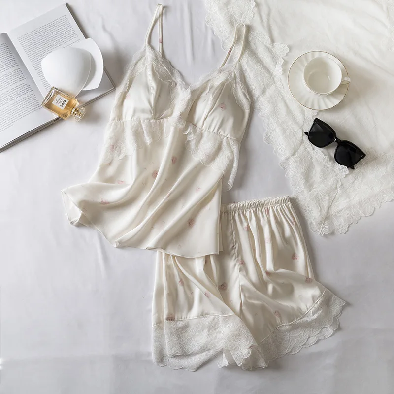 

Summer Suspender Pajamas Set Women Cami&Shorts PJS Sleep Suit Lingerie Sexy Lace Satin Home Clothes Femme Sleepwear Pyjamas