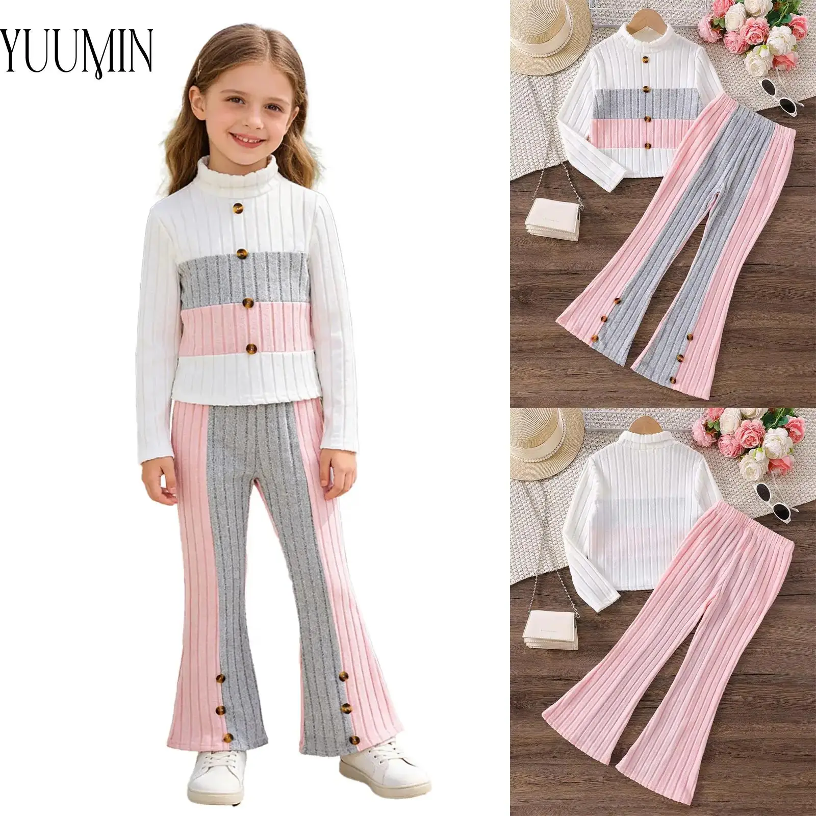 conjunto-de-treino-infantil-para-meninas-com-textura-listrada-em-blocos-de-cores-manga-comprida-blusa-com-botoes-e-calca-flare-para-escola-casual-esportes-ao-ar-livre