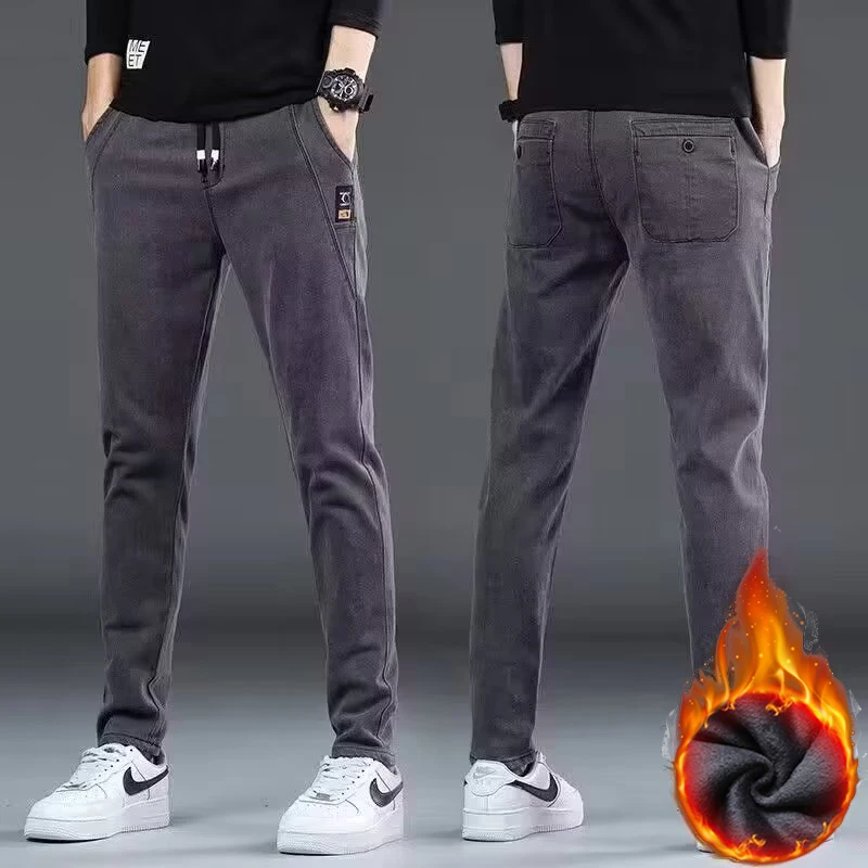 

Модные мужские зимние теплые плюшевые джинсы, мужские утолщенные джинсовые брюки на флисовой подкладке, свободные прямые облегающие эластичные брюки
