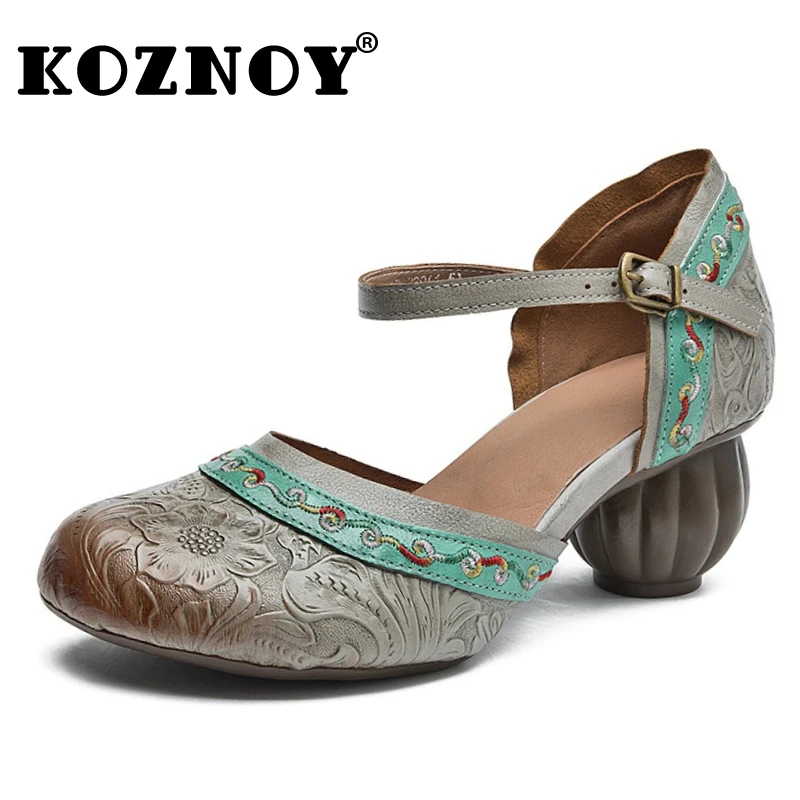 

Koznoy 5cm Cow Genuine Leather Comfy Flats Embossed Round Toe Hollow Women Mary Jane Oxfords Summer Buckle Sandals Fashion Shoes