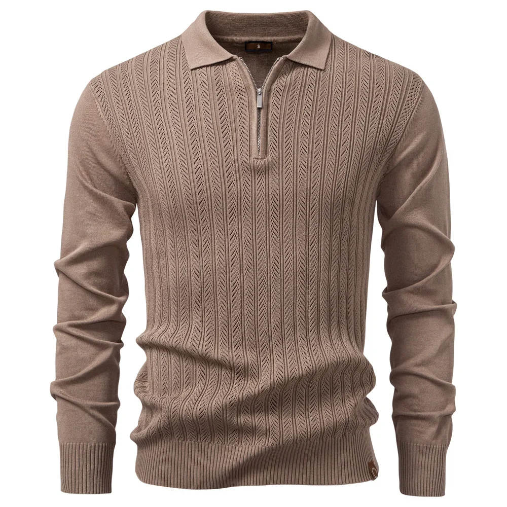 AIOPESON Premium Solid Color Polo Men Slim Fit Zip Long Sleeve Luxury Textured Fabric Business Casual Mens Sweatshirt