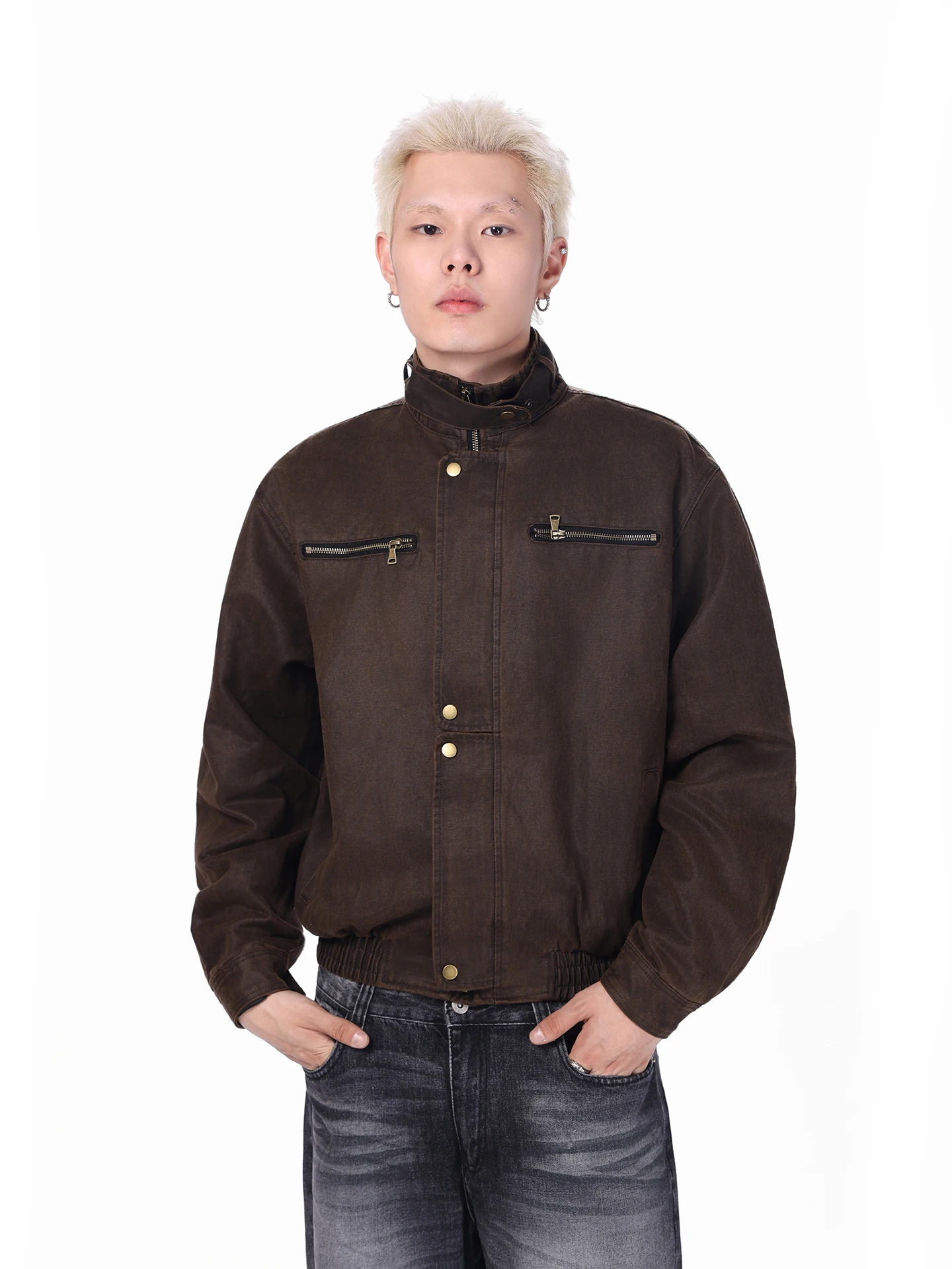 

CLAEFON Retro American Motorcycle Leather Jaet Men's Loose Cool Stand Collar Jaet Outerwear Faionable Youth Cotton Poly...