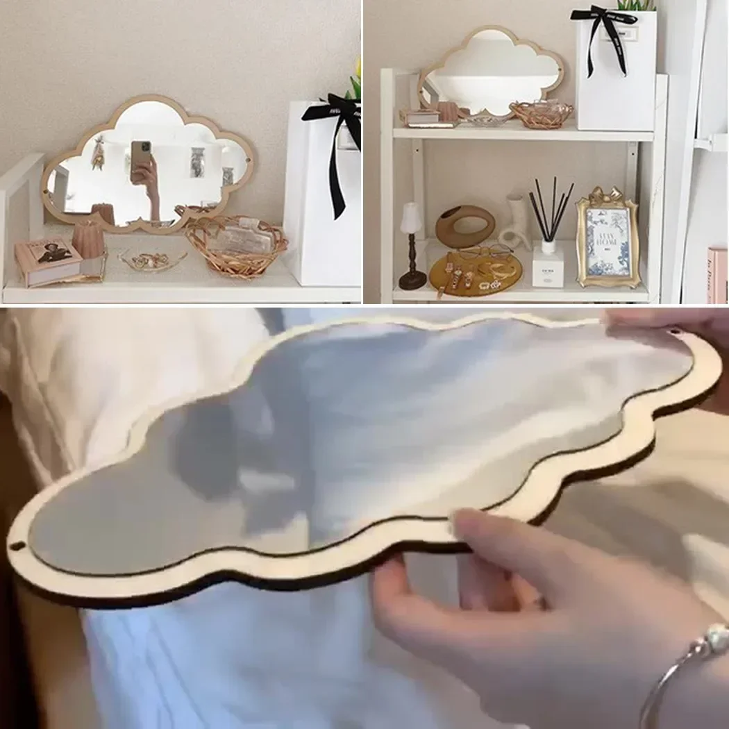Wolkenförmiger Spiegel mit Holzrahmen, Acryl-Schminkspiegel, Unregelmäßige Wolkenform, Dekorativer Spiegel, Kosmetik-Schönheitsspiegel, Wanddekoration für Zimmer N – Detail 6