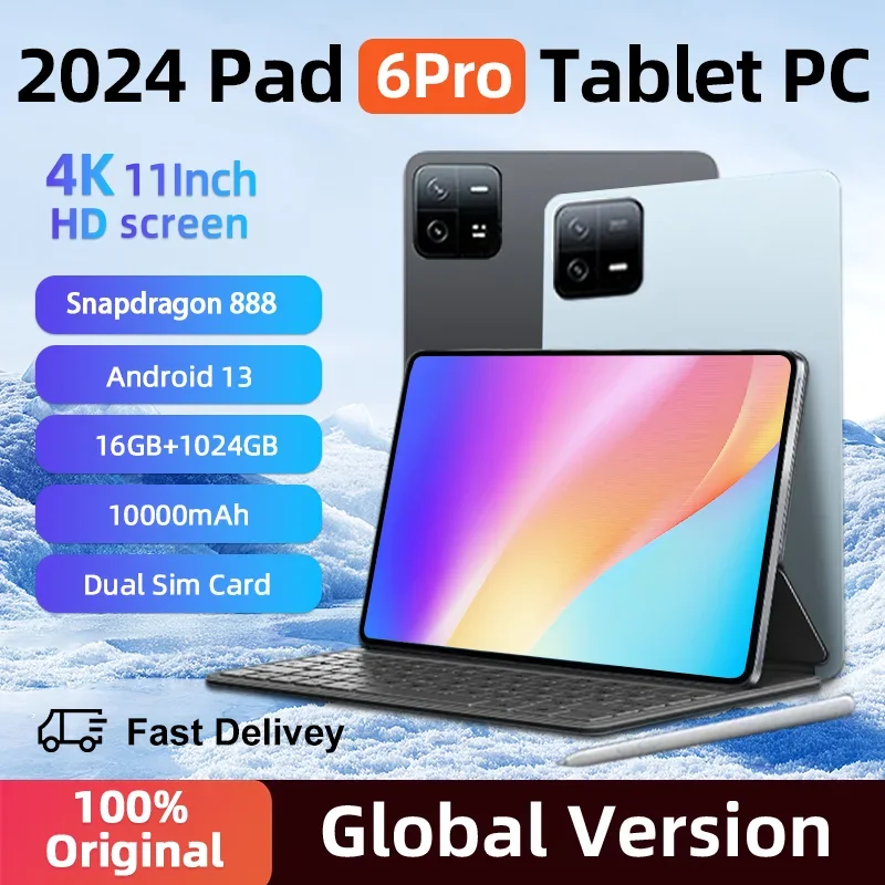 2024 글로벌 버전 오리지널 패드 6 프로 태블릿 PC, 안드로이드 13, 스냅드래곤 888, 10000mAh, 11 인치, 16GB + 1TB, 5G HD, 4K 화면, 와이파이 MiTab