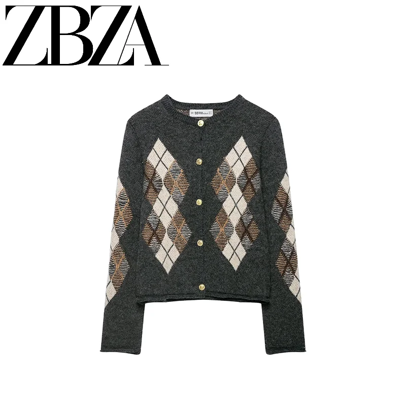 Fashionable Diamond Pattern Knitted Open Cardigan Jacket Women's Standard Fit Long Sleeve Polyester Outerwear for Autumn