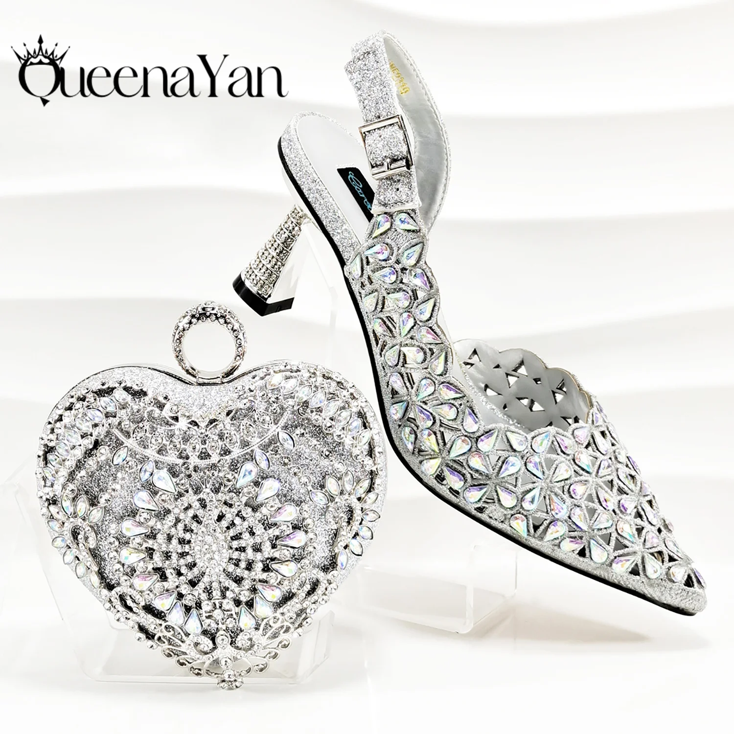 Rhinestone Embed Design Party Wedding Gold Color Pointed Toe High Heel Lady Shoes and Heart Shape Mini Bag