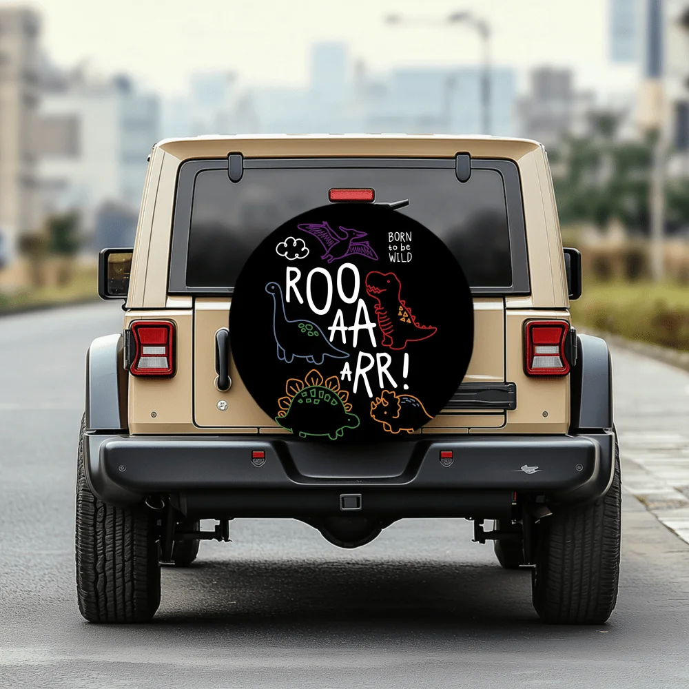 Cartoon Dinosaur Pattern 30/34 Inch Multi-Functional Tire Cover, Suitable For Jeeps, Trailers, RVs, SUVs, Trucks, Campers, And V