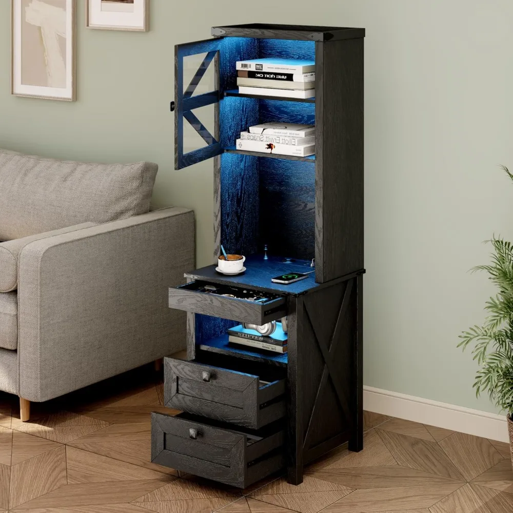 Comodino alto da fattoria con stazione di ricarica, comodino con ripiani, comodino a LED con cassetto per pistola, nero