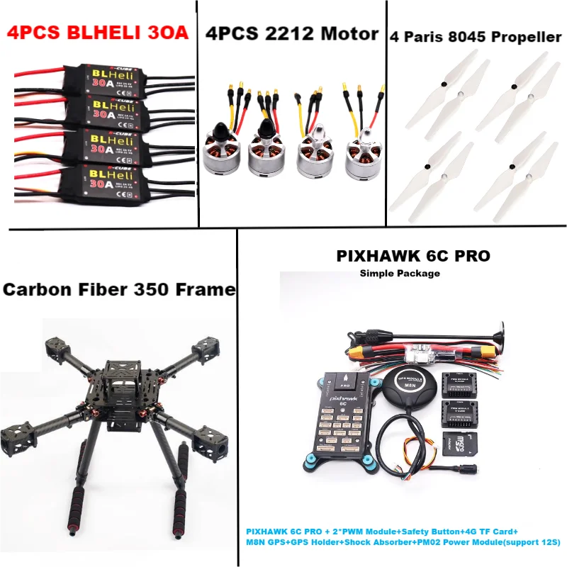 RctoSky Carbon Fiber 350 PIXHAWK 6C PRO M8N KitFlight Control Ardupilot Radio Telemetry Quadcopter BLHELI 30A 2212 Motor ESC