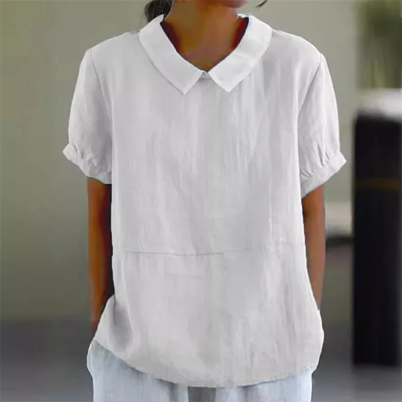 Solid Color Cotton Linen Lapel Pullover Shirt Women Summer Short Sleeve Blouse Female Comfortable Casual Simple Style Tops 2025