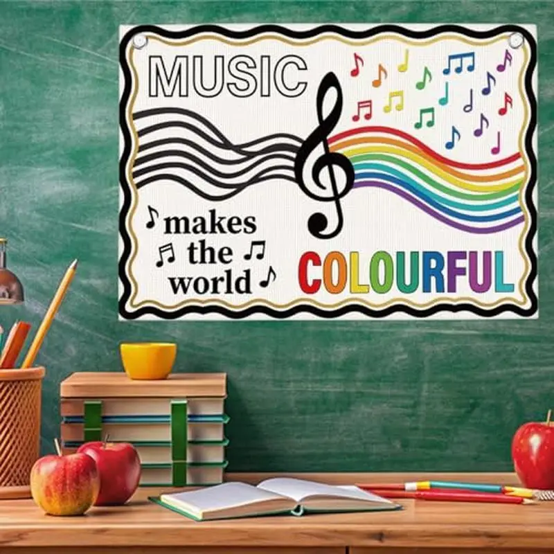 VIKAMA Music Makes World Colorful Tapestry, Rainbow Notes Wall Hanging, Classroom Music Room Wall Decoration Decor