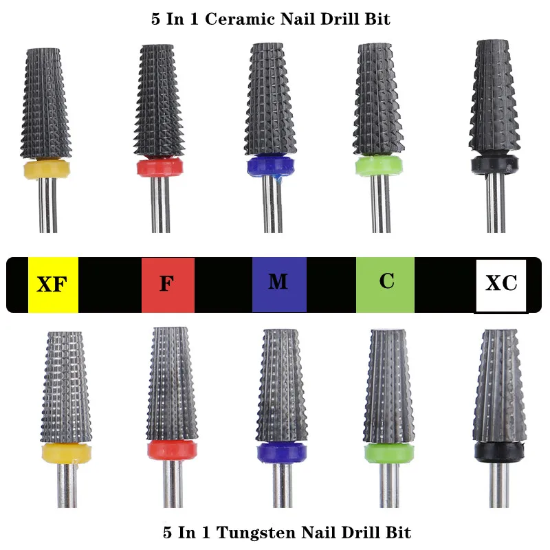 5 In 1 Safety Ceramic Nail Drill Bits XF/F/M/C/XC Grits Tungsten Carbide Milling Cutter For Manicure Remove Gel Nail Accessories