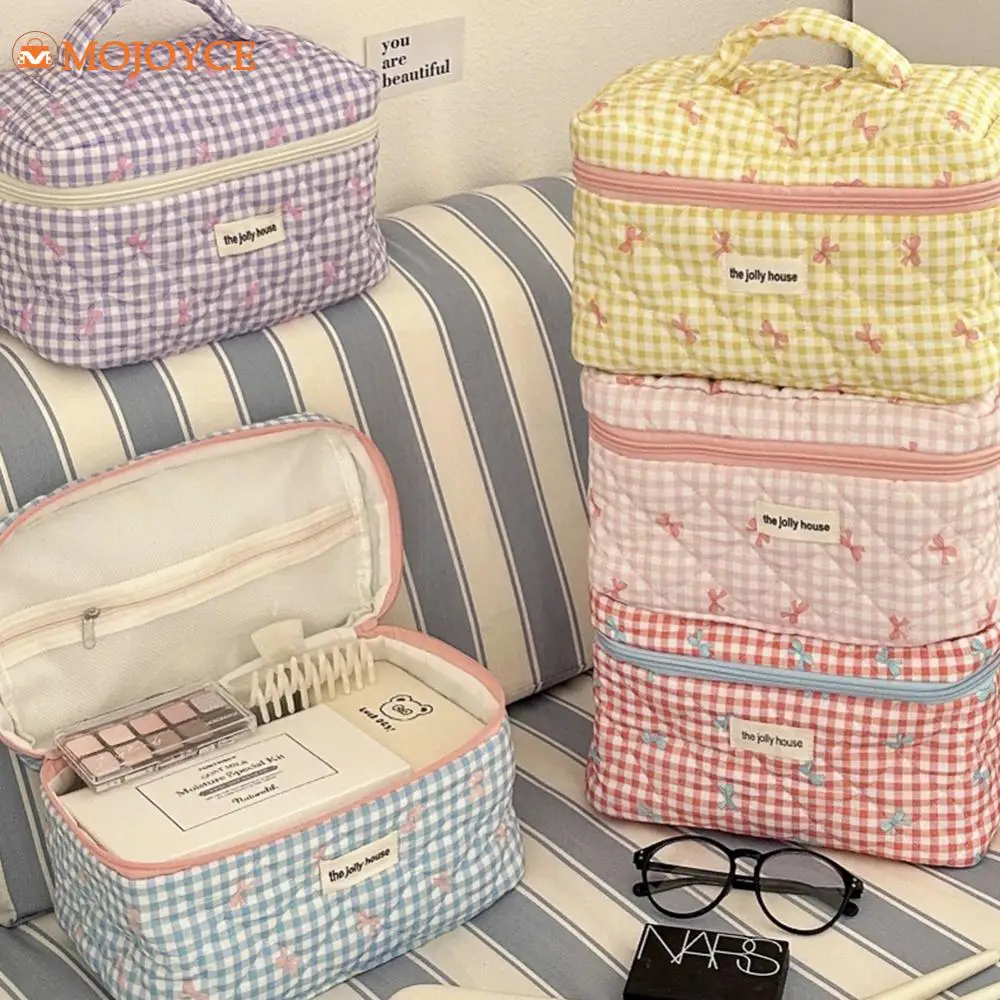 Checkered Cute Bow Pattern Makeup Pouch Quilted Travel Cosmetic Bag Women's Cotton Storage Bag Ladies Capacity Wash Toiletry Bag