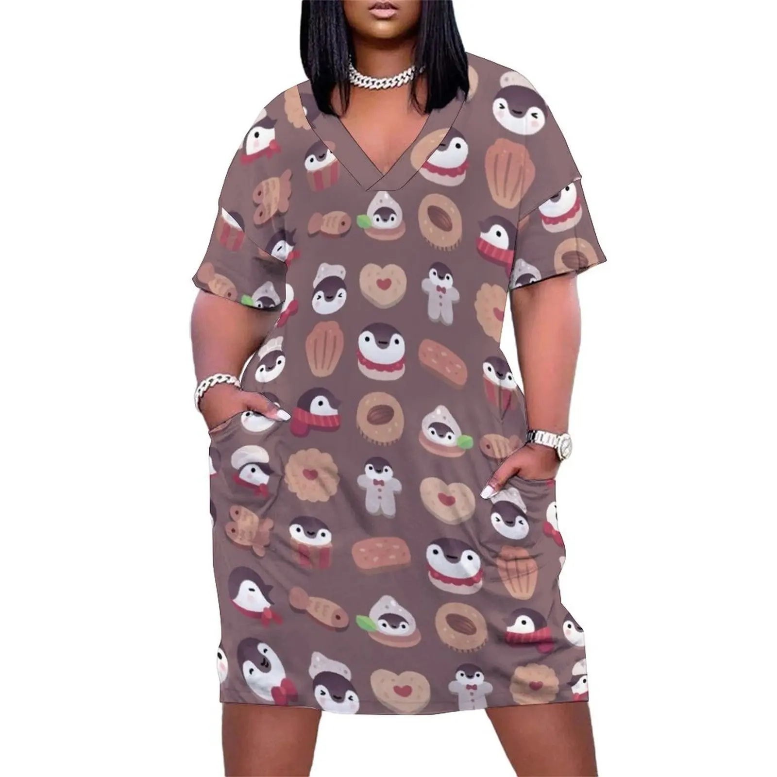 

Cookie cream penguin - brown pattern Loose Pocket Dress summer women's suit summer dress