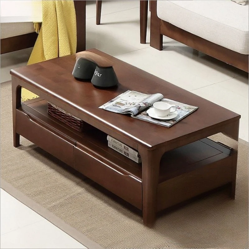 

New Chinese-style all-solid wood coffee table log color living room rectangular double-layer with drawers storage edge corner