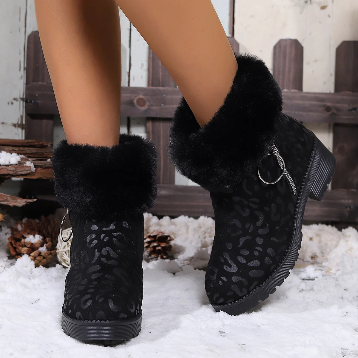 النساء حذاء من الجلد ليوبارد منصة الشقق أحذية الثلوج قصيرة أفخم الدافئة 2025 مكتنزة الشتاء سستة أحذية النساء جديد Zapatos De Mujer