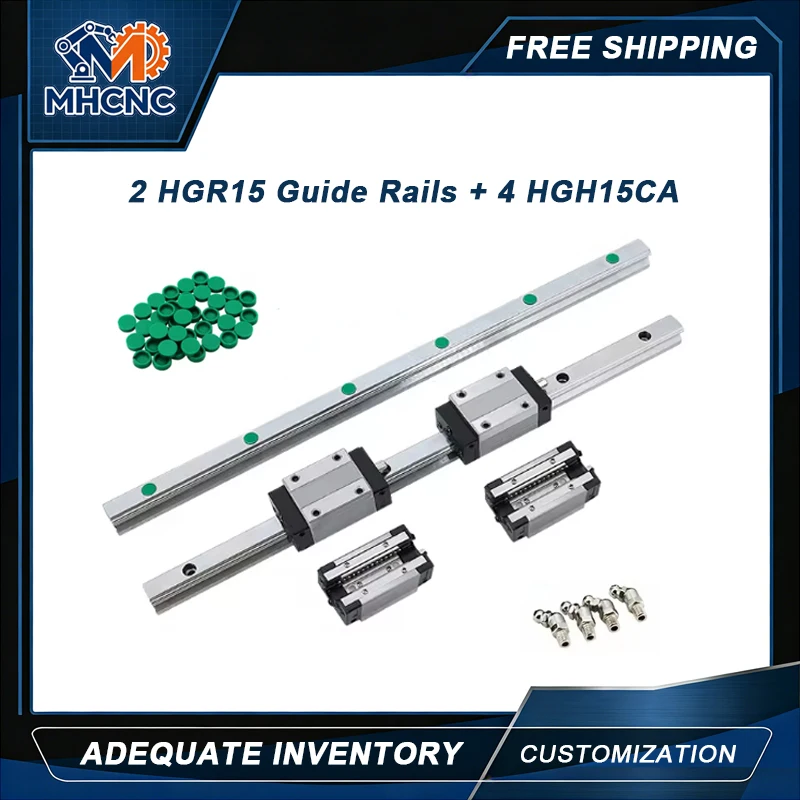 kit-guida-lineare-mhcnc-hgr15-200-1000mm-2-guide-4-carrelli-hgh15ca-in-acciaio-tappo-antipolvere-verde-automazione-cnc
