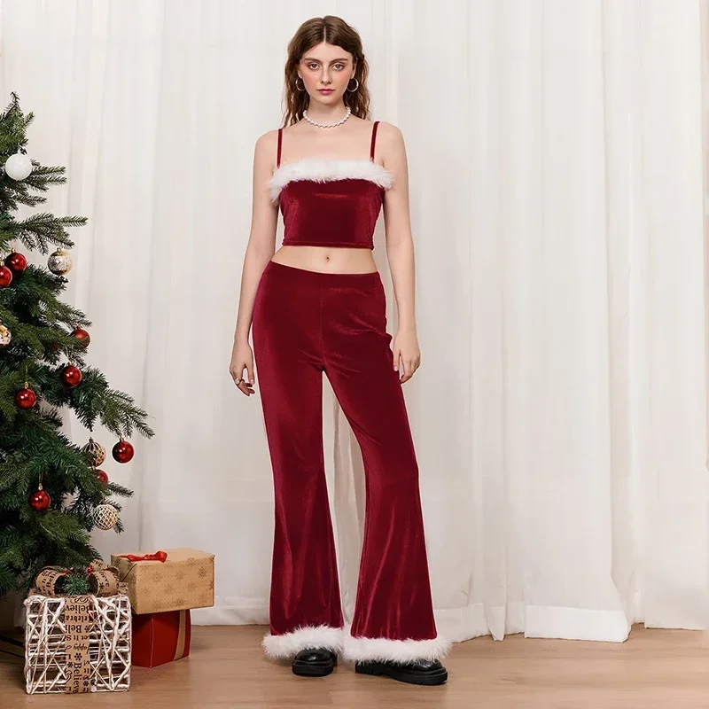 Disfraz navideño de Papá Noel para mujer, top de tubo sin tirantes, pantalones largos de cintura elástica, adorno de felpa, fiesta