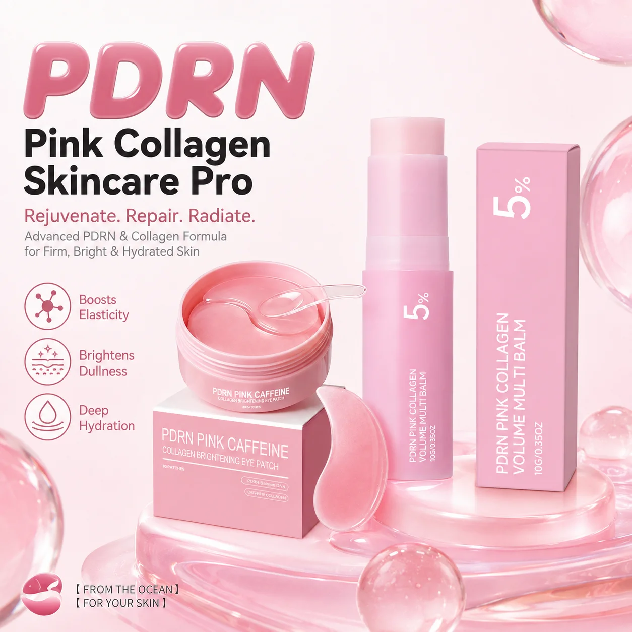 PDRN Pink Collagen Facial Skincare Set,PDRN Pink Collagen Multi Balm Stick & Jelly Eye Mask,Korean Glass Skin Care Duo For Women