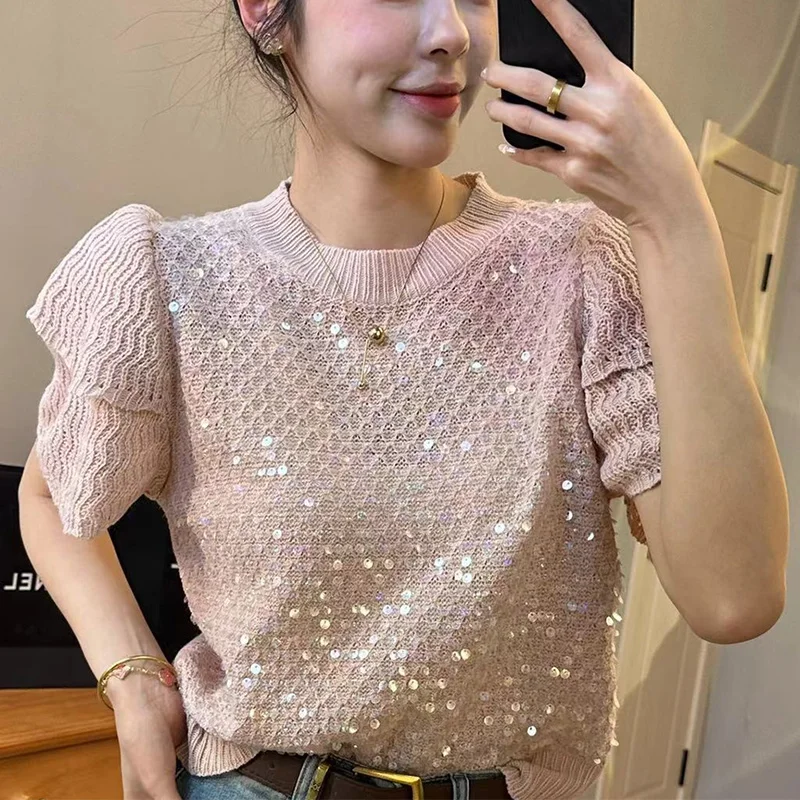 Spring Summer Round Neck Sequins Loose Casual Sweater Ladies Short Sleeve Fashion All-match Pullover Jumpers Women Knitting Top