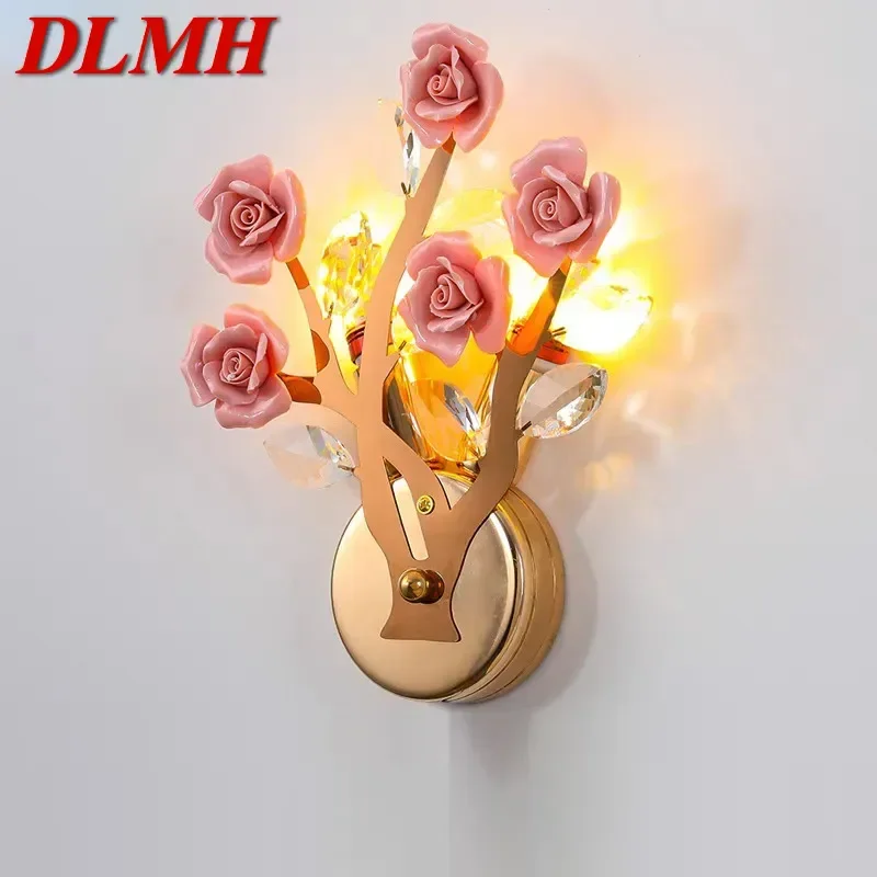 DLMH Contemporary Crystal Wall lamp Creativity Ceramics Rose Blossoms Living Room Bedroom Girl's room Villa LED Bedside Light