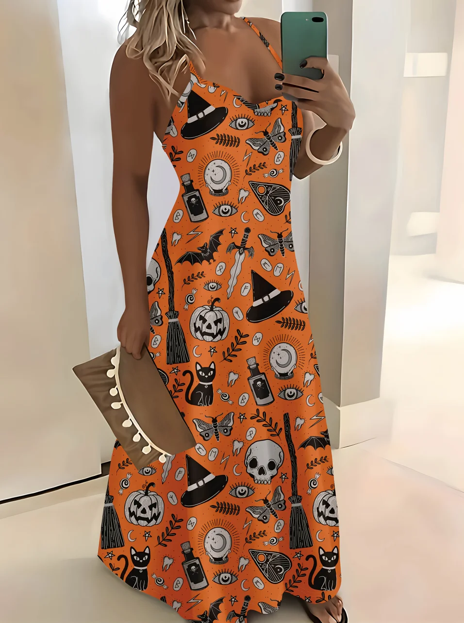 Printed Design Holiday style Halloween witch cat pumpkin bat spaghetti strap dress