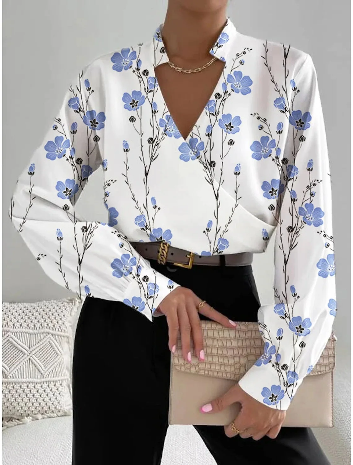 Spring and Autumn New Products Amazon Independent Station Temperament Splicing Long Sleeved Shirt Collar Top for Women