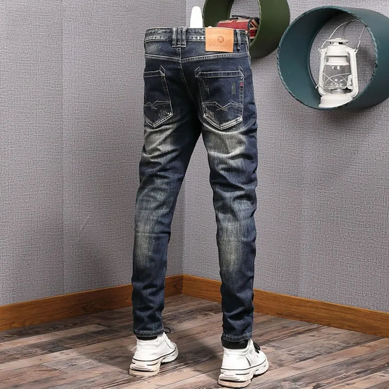 Streetwear Fashion Men Jeans High Quality Retro Deep Blue Stretch Slim Fit Ripped Jeans Men Vintage Designer Denim Pants Homme