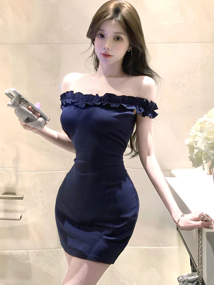 Kobiety Solid Bodycon Chic Ruffled Chest Wrapping Sexy Dress Summer Elegant Hip Wrap Dress 2025 Korean Vintage Festival Prom Dress