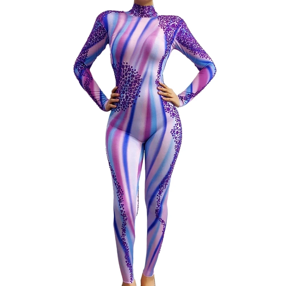 

stage Show Purple Rhinestones Jumpsuit Women Party Birthday Outfits Dance Leotard nightclub bar dancer rompers
