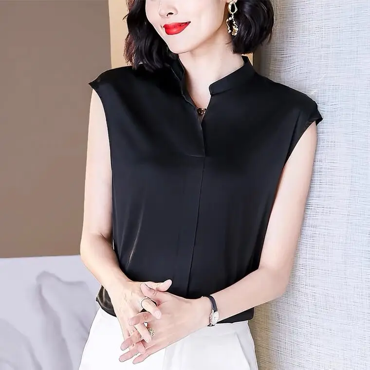 Summer Office Lady Silk Satin plus size korean streetwear Shirt Women\'s stand V Neck Solid Color Elegant Blouses roupas