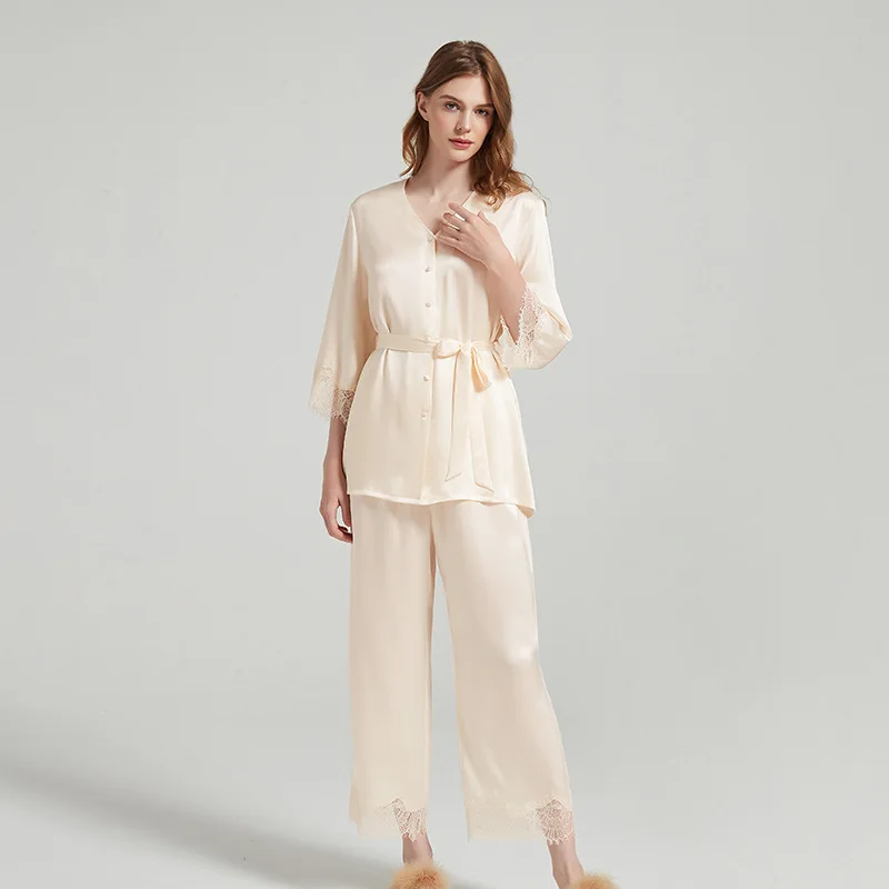 100% Mulberry Silk Pajama Set Women V Neck 3/4 Sleeve Lace Trim Belted Luxury Real Silk Sleepwear Loungewear Two Piece Suit