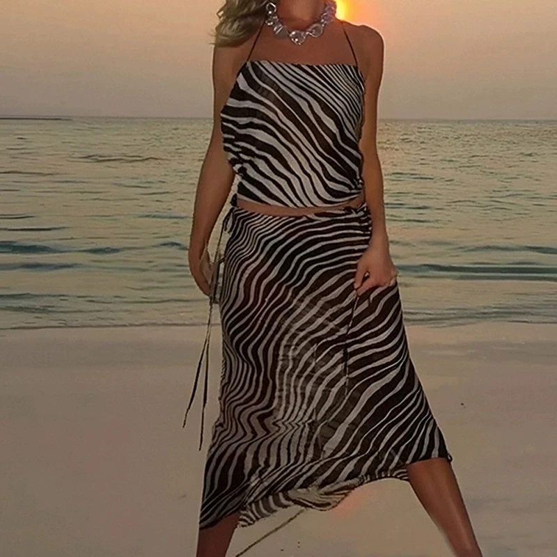 

2025 New Printed Halter Top Skirt Suits Women Sexy Sleeveless Backless Lace Up Irregular Tops Long Skirts Chic Lady Beachwear