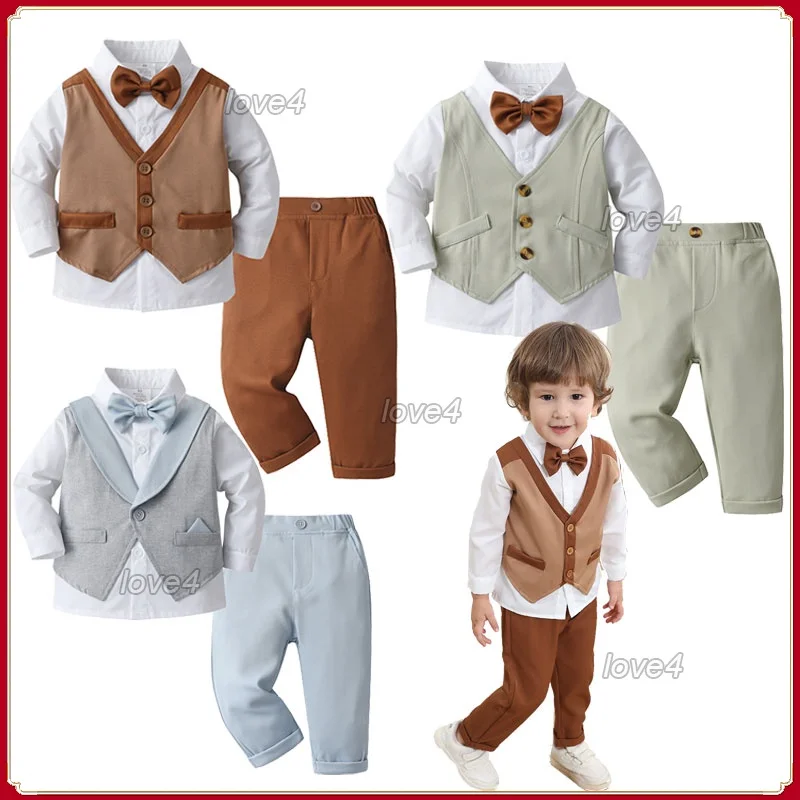 Khaki Boys Gentlemen Suit Wedding Birthday Party Ring Bearer Outfit Children Fake Vest Suit Flower Boy Baby Clothes Set