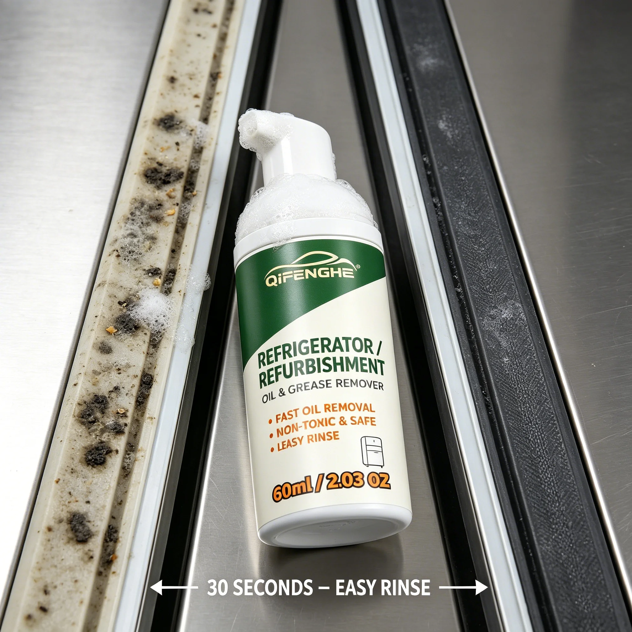 Refrigerator Cleaner 60ml – Fast Oil & Grease Remover, Lemon Foam Spray, Easy Rinse, Non-Toxic, Safe for Food Surfaces