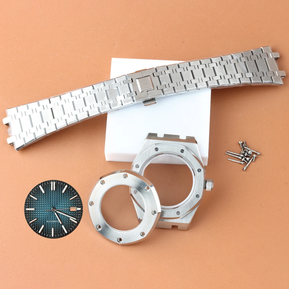

41mm Silver Watch Case Stainless Steel Bracelet 31.8mm Dial Hands Fit royal oak NH35 NH36 Movement Sapphire Glass Watch Case