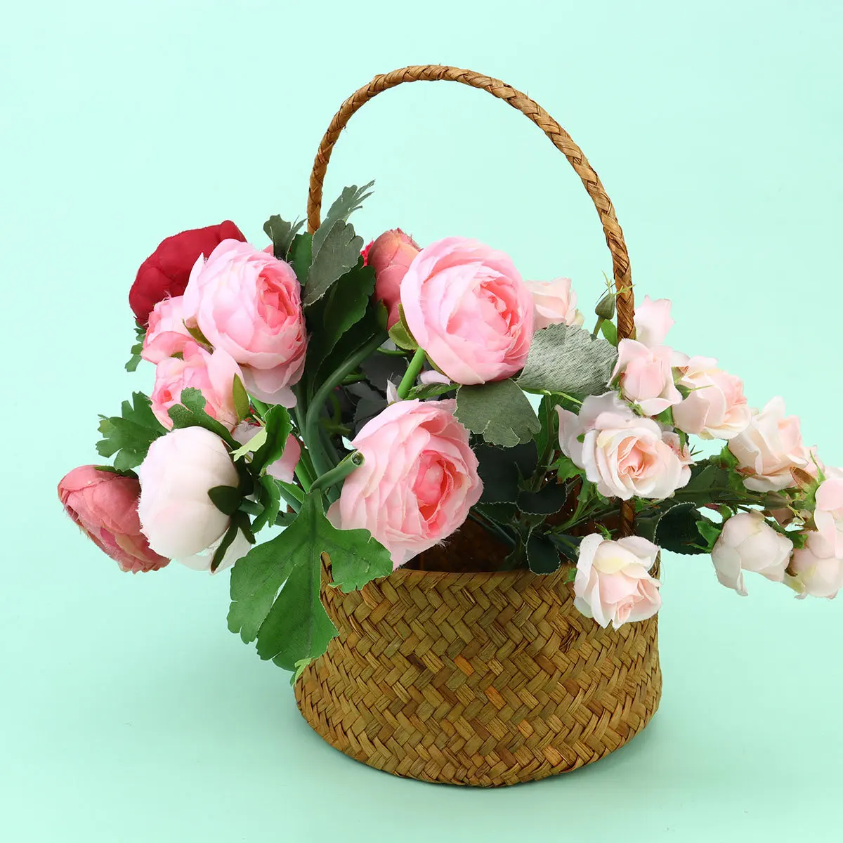 

1Pcs Straw Woven Storage Basket Orange Size L Handle Desktop Decoration Knitted Flower Basket Succulent Planter