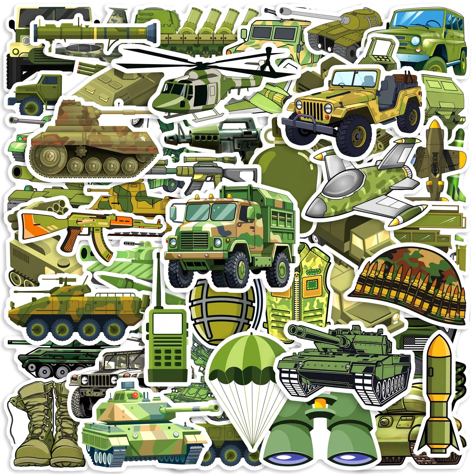 50Pcs Cartoon military equipment PVC Sticky Stickers Aesthetic DIY Phone Laptop Luggage Skateboard Graffiti Decals