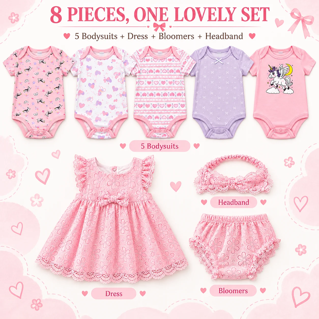 8Pcs Baby Girl Clothes Set Short Sleeve Bodysuits ＆ Pink Floral Lace Dress Set with Bloomers and Bow Headband 6-12M
