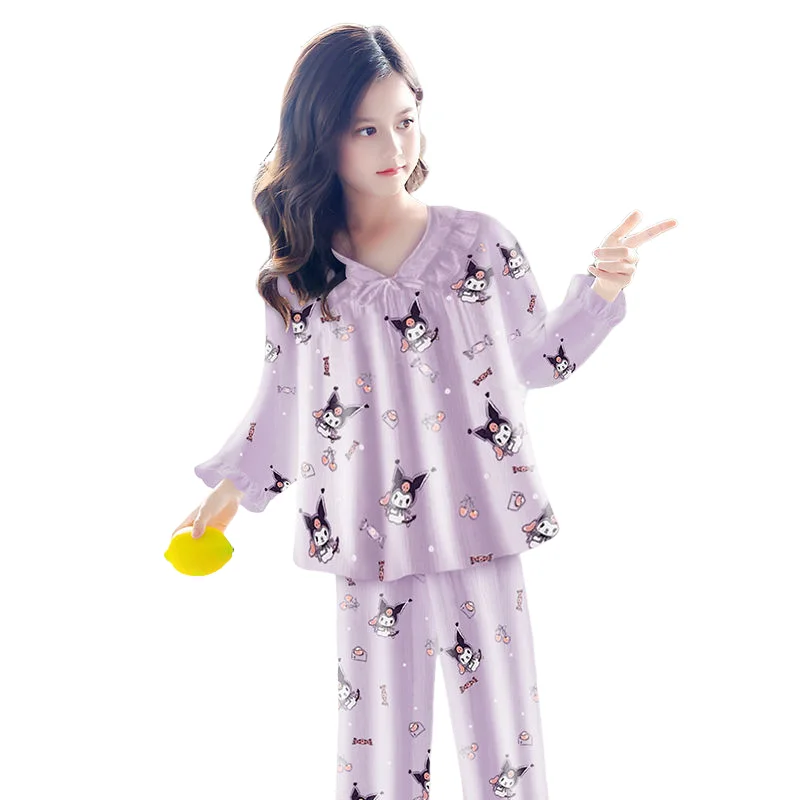 سانريو بنات كم طويل 2 قطعة Kuromi بنات نمط جديد بنطلون سينامورول الأطفال القطن منامة الطازجة الكرتون ارتداء في الهواء الطلق