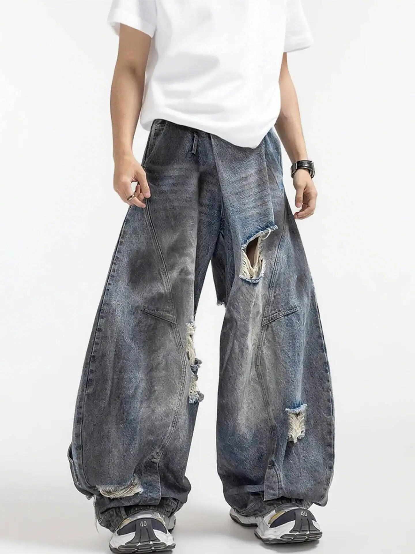 Unisex Jeans 2026 New Autumn Men's Washed Faded Ripped Jeans Reversed Waistband Design Loose Draped Wide Leg Long Pants