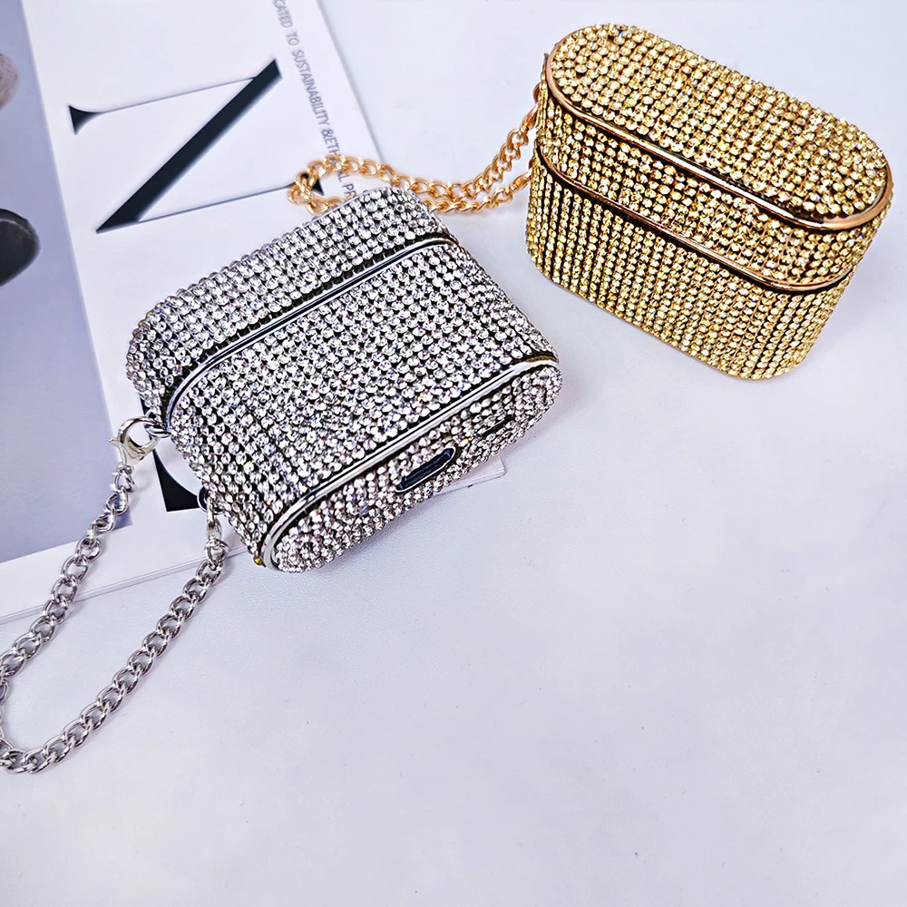 Luxury Sparkling Diamond Headphone Case for AirPods 4 3 1 Pro2 Metal Keychain Bling Hard Earphone Bluetooth Charging Cover