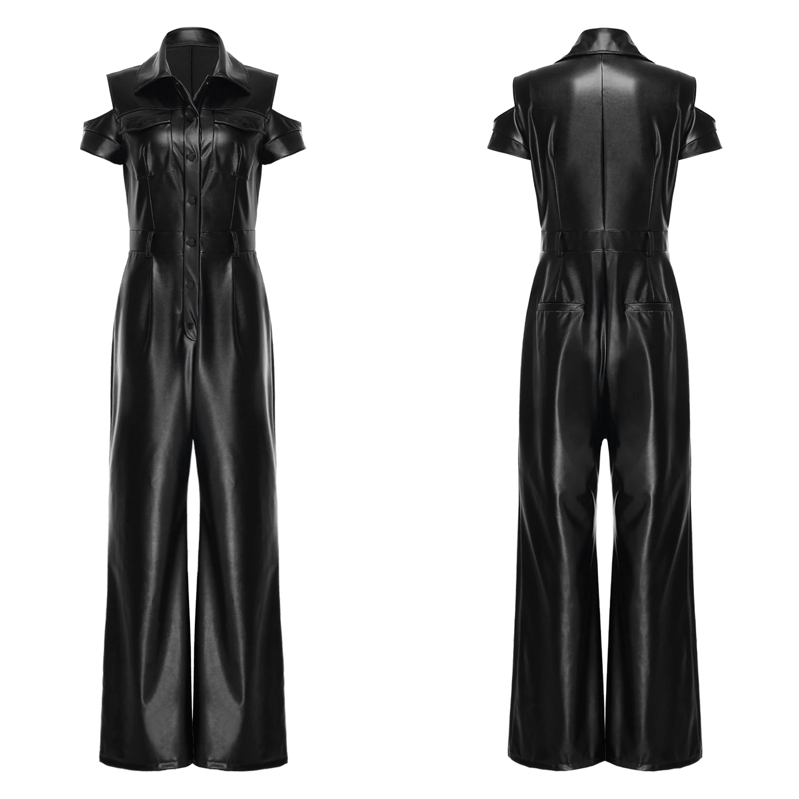 

Stylish Cold Shoulder PU Jumpsuit for Women Cargo Style Front Button Side Pockets Wide Straight Leg Romper Party Stage Clubwear