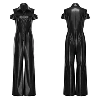 Women Fashion Casual PU Leather Cargo Jumpsuit Cold Shoulder Button Wide-leg Straight Overalls for Rave Party Club Streetwear - Image 3