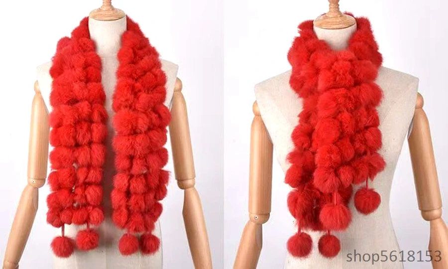 Women's winter warm Orange weaving  real rabbit fur round ball scarf hot selling natural rabbit fur scarf women's 100% genuine l