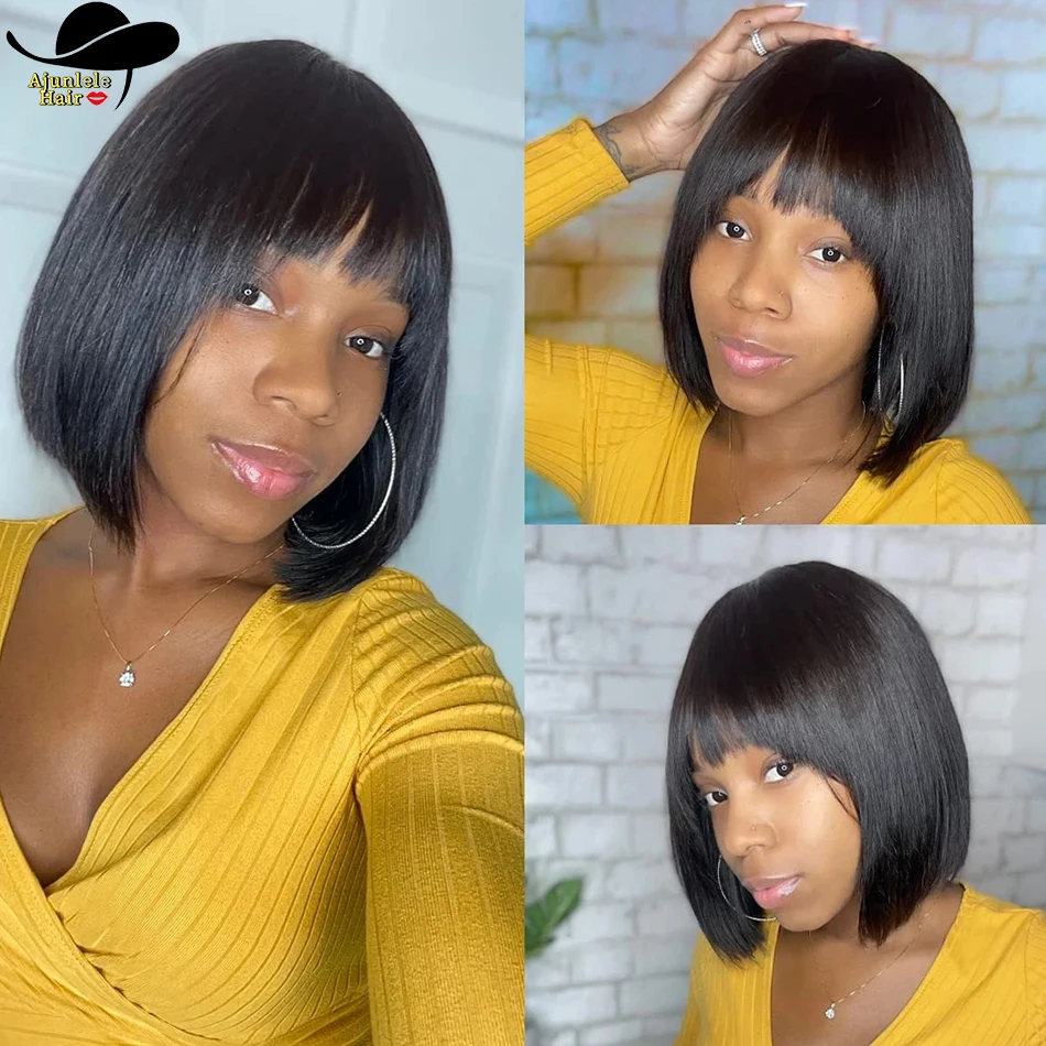짧은 스트레이트 밥 가발 앞머리 포함 레이스 없는 여성용 가발 8-16인치 풀 머신 메이드 말레이시아 인모 가발 착용하기 쉬움
